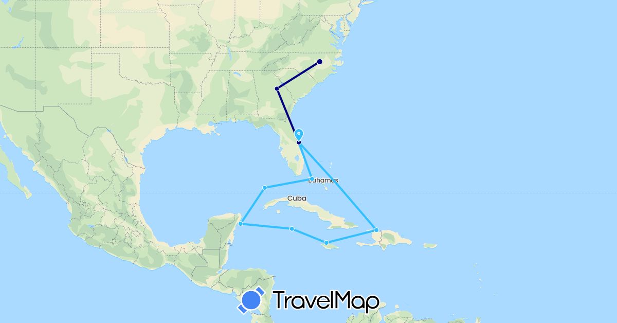 TravelMap itinerary: driving, boat in Haiti, Jamaica, Mexico, United States (North America)
