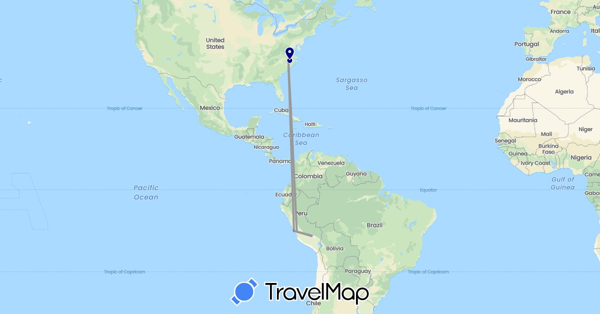 TravelMap itinerary: driving, plane, train in Peru, United States (North America, South America)